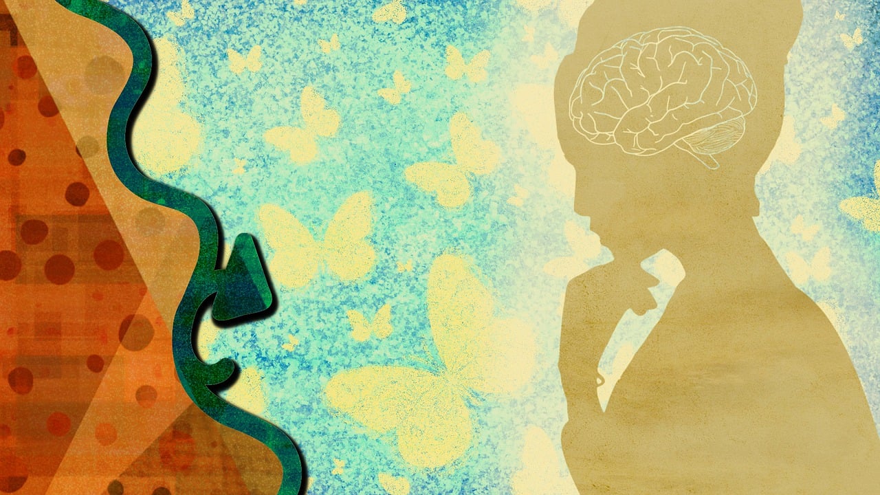 Artistic silhouette of a woman deep in thought with a brain illustration overlay and butterflies in the background—representing introspection, emotional transformation, and the cognitive shifts that come with eating disorder recovery.