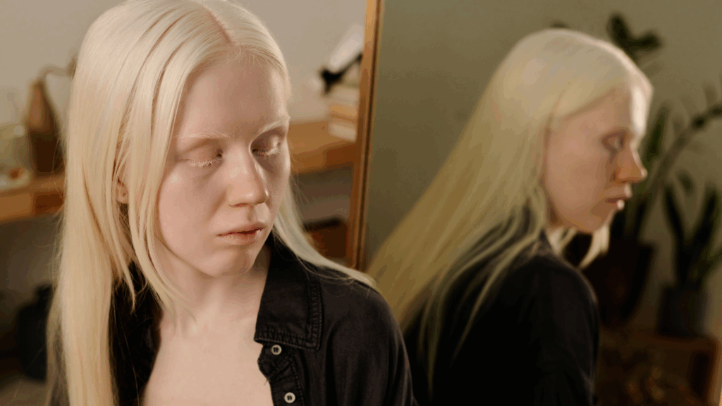 Sad young woman has her eyes closed with her back turned to a mirror. It doesn’t have to be this way—start your eating disorder recovery journey at Kindful Body in California.